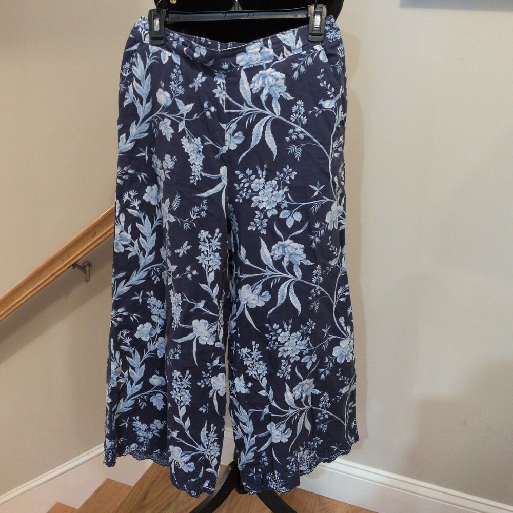 Women Linen Blue Floral Pants Large Wide Elastic Waist New NWT Laura Ashley